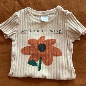 Zara Girls Size 5-6 Short Sleeve Body Suit Pink Ribbed Bonjour Le Monde